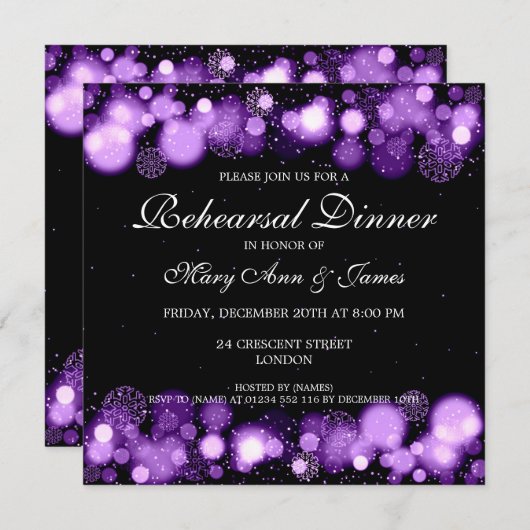 Winter-Hochzeits-Proben-Abendessen-lila Lichter Einladung (Vorne/Hinten)