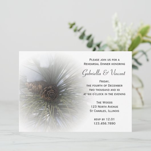 Winter-Hochzeitsessen mit Snowy Pines Probe Einladung (Stehend Vorderseite)