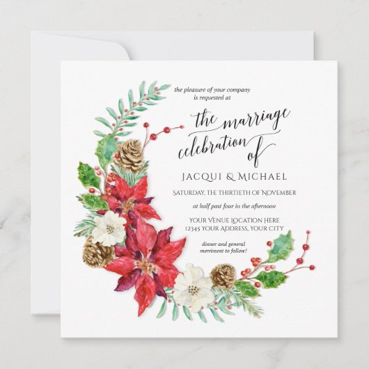 Winter Hochzeitsheirat Halbmond Blumenreath Einladung (Vorderseite)