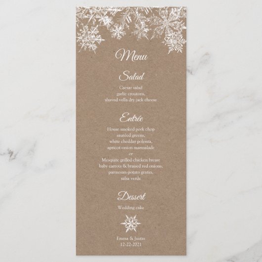 Winter-Hochzeitskarte mit White & Kraft Snowflakes Menükarte (Vorderseite)