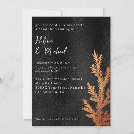Winter-Hochzeitskiefernzweig in Schwarz und Kupfer Einladung (Vorderseite)