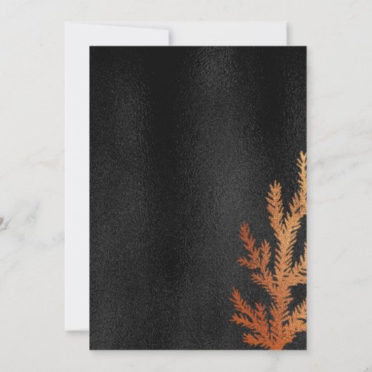 Winter-Hochzeitskiefernzweig in Schwarz und Kupfer Einladung (Rückseite)
