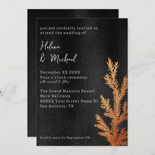 Winter-Hochzeitskiefernzweig in Schwarz und Kupfer Einladung (Vorne/Hinten)