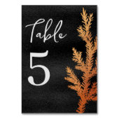 Winter-Hochzeitskiefernzweig in Schwarz und Kupfer Tischnummer (Vorderseite)