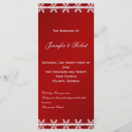 Winter-Hochzeitsprogramm für Red White Snowflake Programm (Vorderseite)