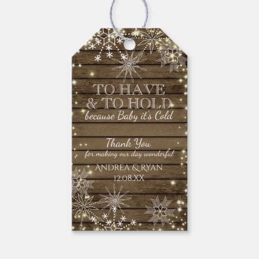 Winter Hochzeitssschneeflocken und Barnholz Geschenkanhänger (Vorderseite)