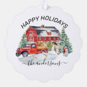 Winter Holiday Barn Farm Animes Handgeschriebener Ornament Karte (Rückseite)