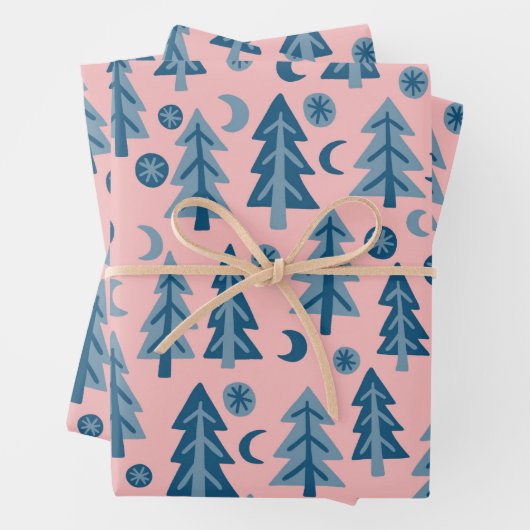 Winter Holiday Blue Pink Trees Pattern Gift Geschenkpapier Set (Beispiel)