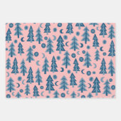 Winter Holiday Blue Pink Trees Pattern Gift Geschenkpapier Set (Vorderseite)