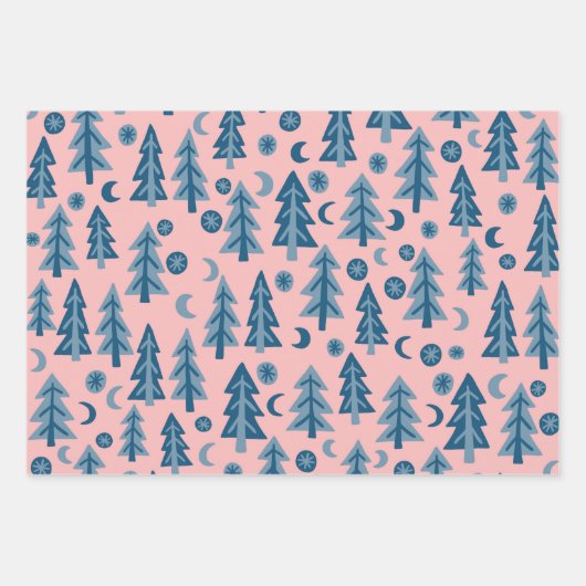 Winter Holiday Blue Pink Trees Pattern Gift Geschenkpapier Set (Vorderseite)