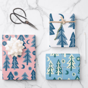 Winter Holiday Blue Trees Muster Variety Geschenk Geschenkpapier Set