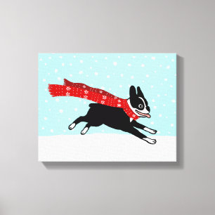 Winter Holiday Boston Terrier Wearing Red Scarf Leinwanddruck