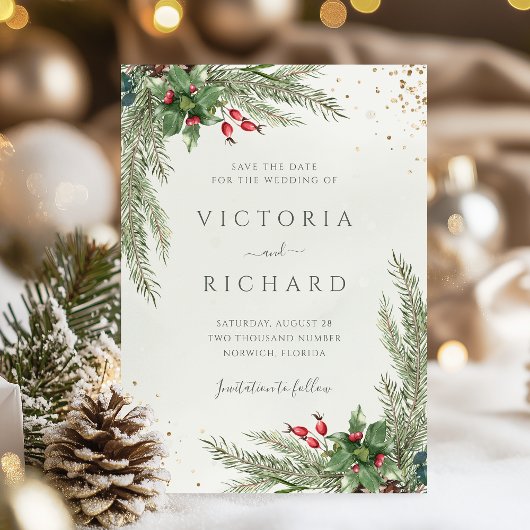 Winter Holiday Botanische Grüne Hochzeit Save The Date