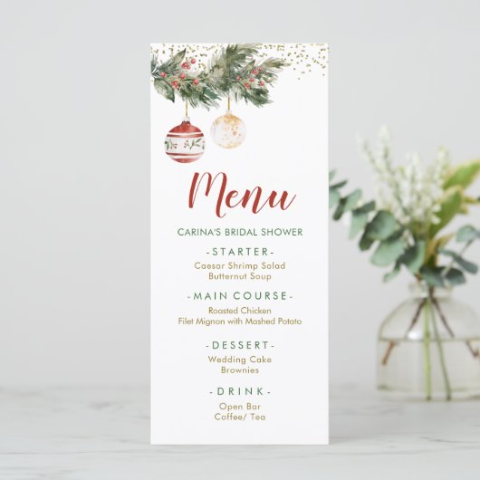 Winter Holiday Deck - Halls Brautparty Menükarte (Stehend Vorderseite)