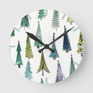 Winter Holiday Evergreen Trees Runde Wanduhr