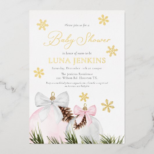 Winter Holiday Girl Babydusche Foil Einladung (Vorderseite)