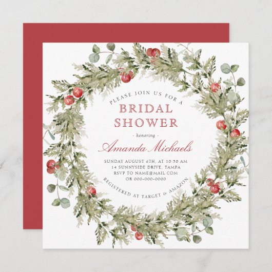 Winter Holiday Greenery Pine Brautparty Einladung (Vorne/Hinten)