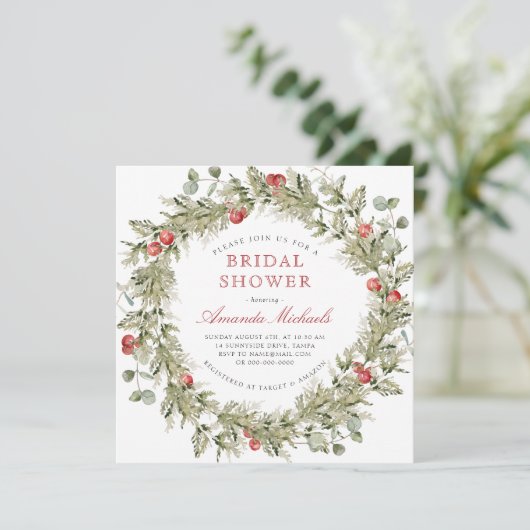 Winter Holiday Greenery Pine Brautparty Einladung (Stehend Vorderseite)