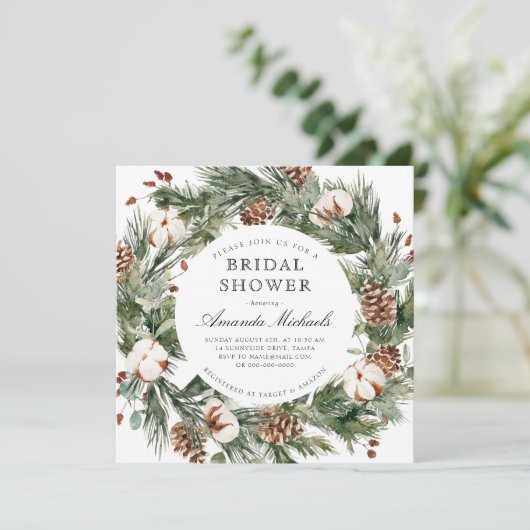 Winter Holiday Greenery Pine Cotton Brautparty Einladung (Stehend Vorderseite)