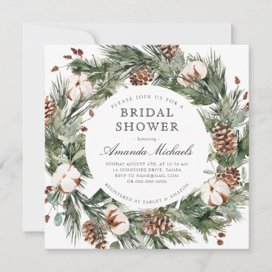 Winter Holiday Greenery Pine Cotton Brautparty Einladung (Vorderseite)