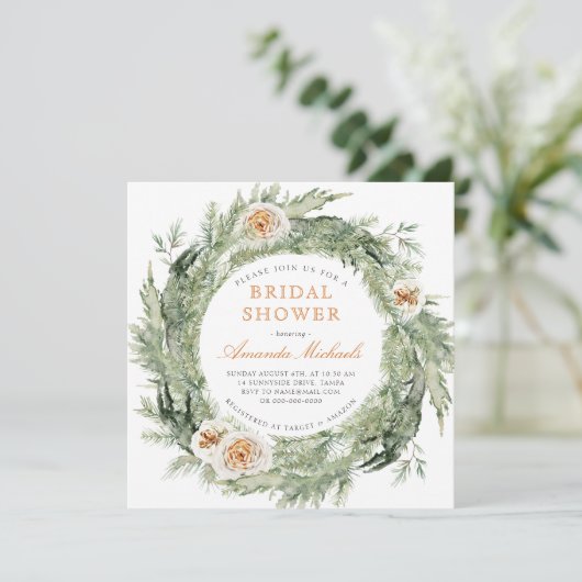 Winter Holiday Greenery Pine Rose Brautparty Einladung (Stehend Vorderseite)