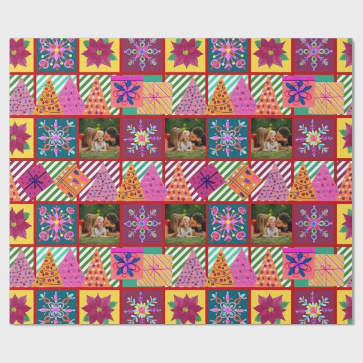 Winter Holiday Patchwork Foto Geschenkpapier (Flach)