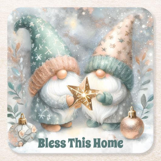 Winter Holiday Personalized Gnome Bless This Home Rechteckiger Pappuntersetzer (Vorderseite)