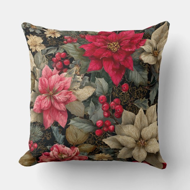 Winter Holiday Poinsettias And Berries Floral Kissen (Vorderseite)