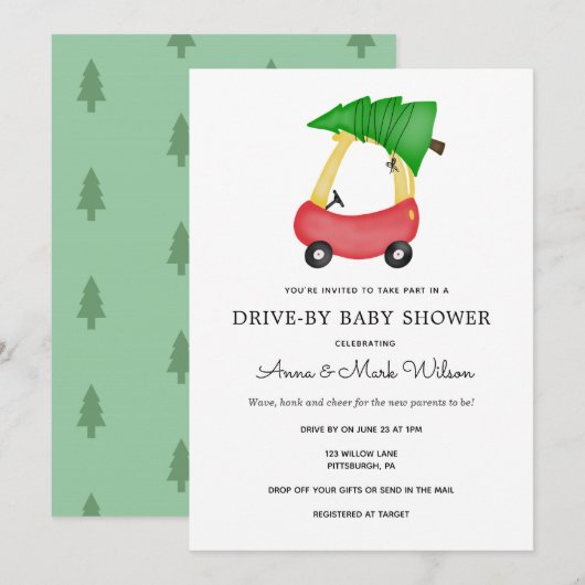 Winter Holiday Red Car Drive by Baby Dusche Einladung (Vorne/Hinten)