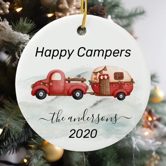 Winter Holiday RV Camper Monogram Happy Campers Keramik Ornament