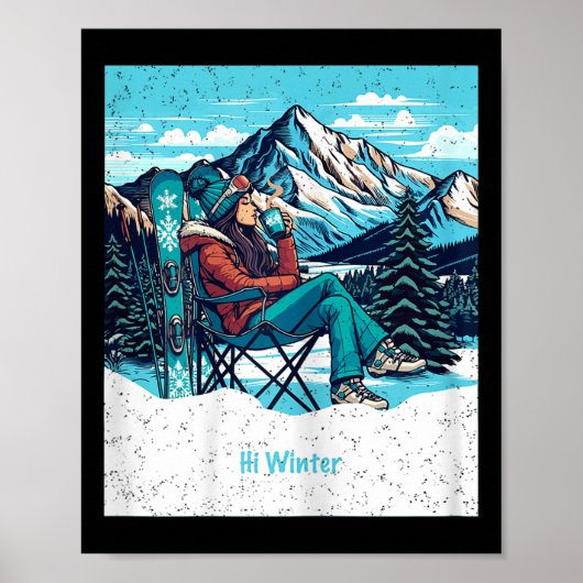 Winter Holiday Skier Woman Drinking Coffee Christm Poster (Vorne)