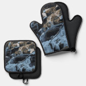 Winter Holiday Snow Icicile Frozen Wasserfall Ofenhandschuh & Topflappen-Set (Vorderseite/Rückseite)