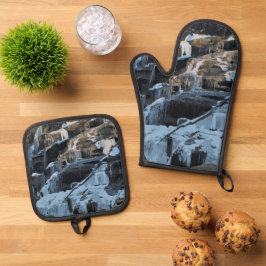 Winter Holiday Snow Icicile Frozen Wasserfall Ofenhandschuh & Topflappen-Set