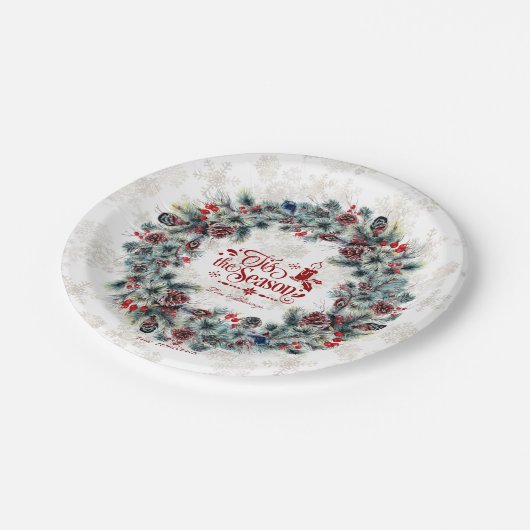 Winter Holiday Wreath 'Das ist die Jahreszeit Mong Pappteller (Schrägansicht)