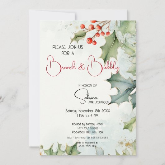 Winter Holly and Berries Brunch and Bubbly Einladung (Vorderseite)