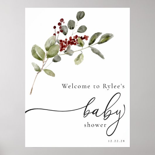 Winter Holly Branch Baby Dusche Willkommenspappe Poster (Vorne)
