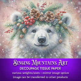 Winter Holly Crown Polar Bear Decoupage Seidenpapier