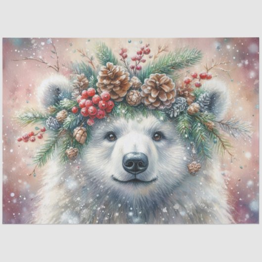 Winter Holly Crown Polar Bear Decoupage Seidenpapier (Vorderseite)