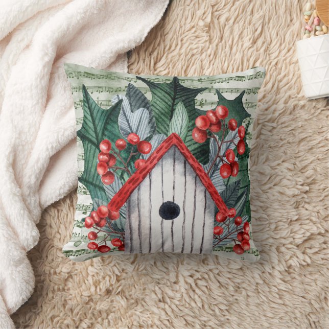 Winter Holly und Birdhouse Wasserfarbe Kissen (Decke)
