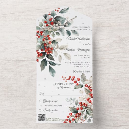 Winter Holly und Schneeflocken mit QR Code All In One Einladung (Innen Boden)