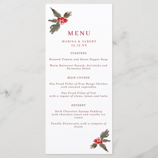 Winter Holly Wedding Menu Menükarte (Vorderseite)