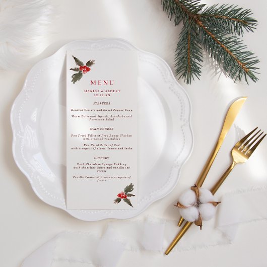 Winter Holly Wedding Menu Menükarte