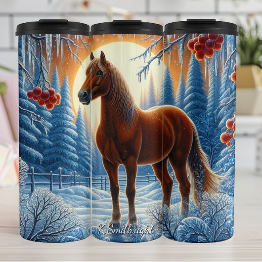 Winter Horse Snowy Forest Sunset Thermosbecher