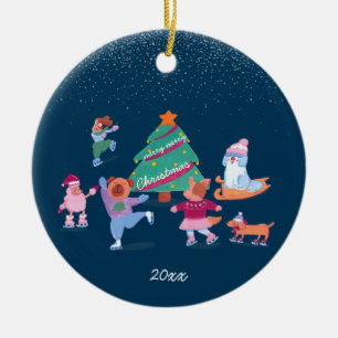 Winter Hunde Ice Skaten Dark Blue Weihnachts Foto Keramik Ornament