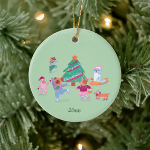 Winter Hunde Ice Skaten Moss Grün Weihnachtsfest F Keramik Ornament