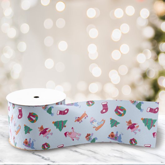 Winter Hunde Ice Skaten Pattern Soft Blue Ripsband