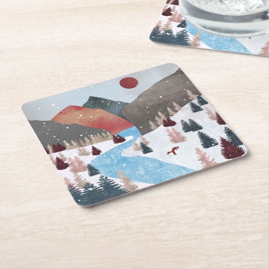 Winter Hunting Fox Rechteckiger Pappuntersetzer (angewinkelt)