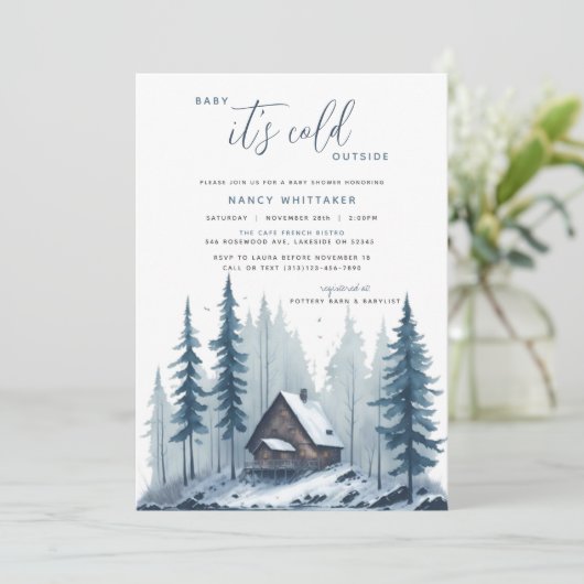 Winter Hütte Baby Es ist kalt draußen Babydusche Einladung (Stehend Vorderseite)