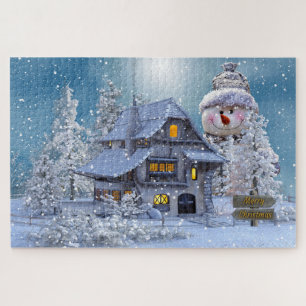 Winter Hütte und Schneemann Weihnachten Puzzle