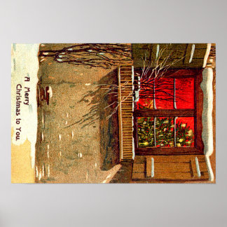 Winter-Hütte Weihnachtsbaumfenster bei Kerzenlicht Poster